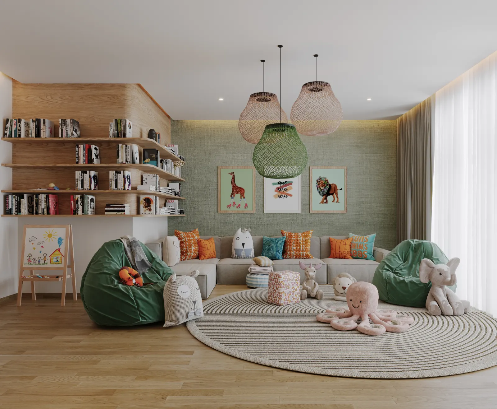 Twyst Interiors.District One Playroom with sage-green walls, large rattan pendants, framed animal artwork, soft rug, plush toys.