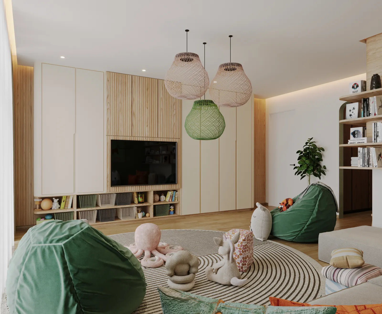 Twyst Interiors.District One Playroom with sage-green walls, large rattan pendants, framed animal artwork, soft rug, plush toys.